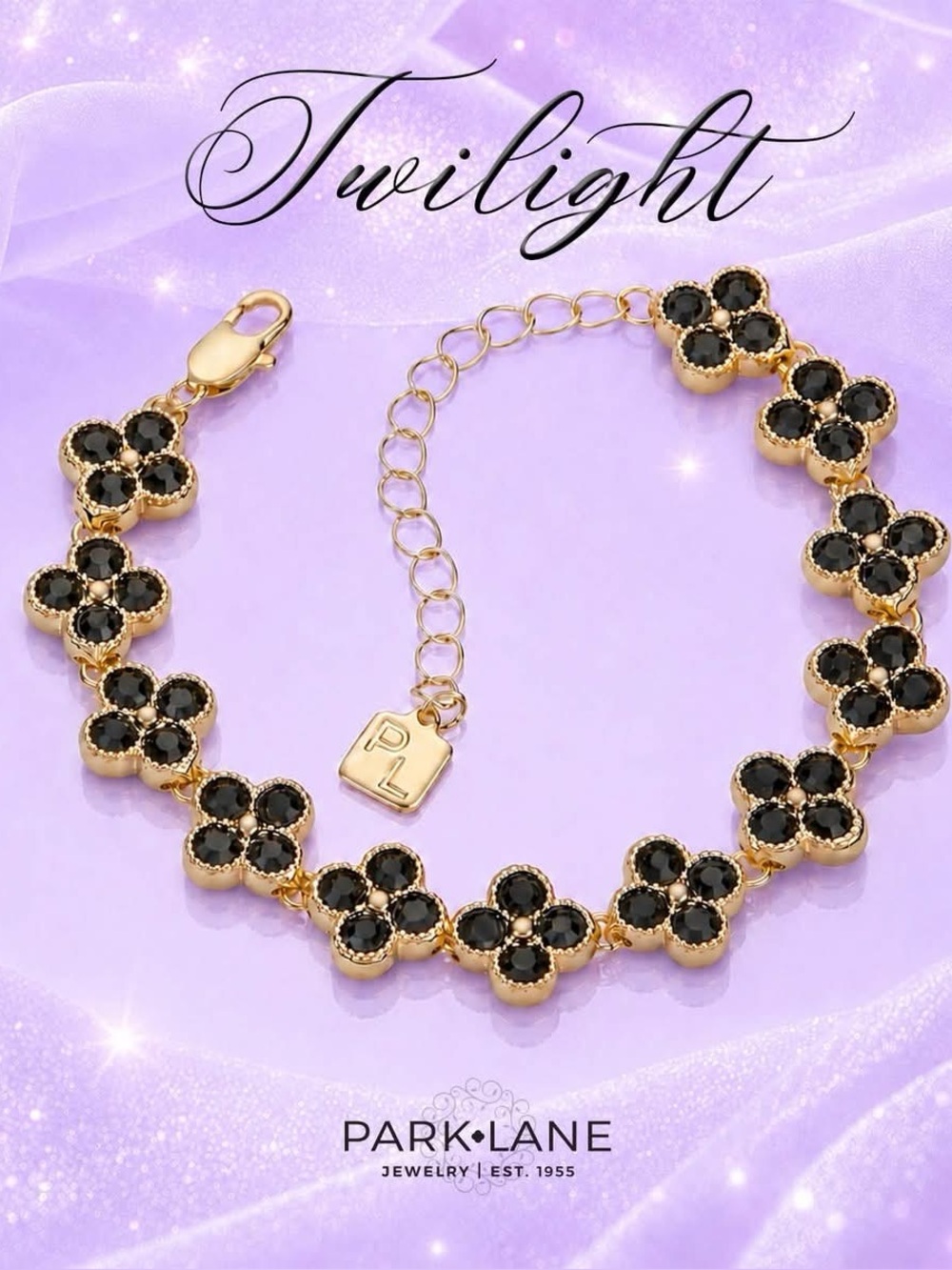 Park Lane Twilight Bracelet Floral Black Quatrefoil CZs